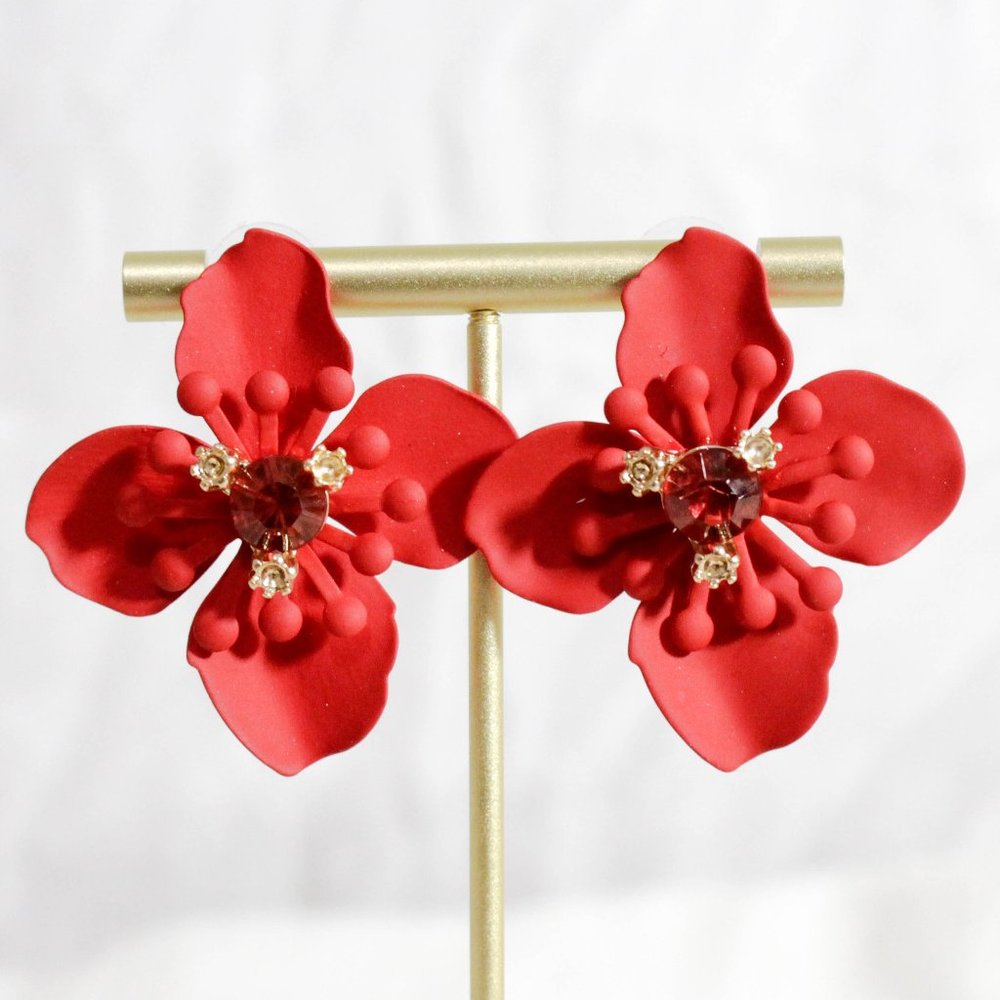 NWT Red Flower Statement Earrings